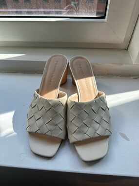 Veronica Beard Womens Kiele White Leather Woven Slip On Heels Shoes Mules Sz 9